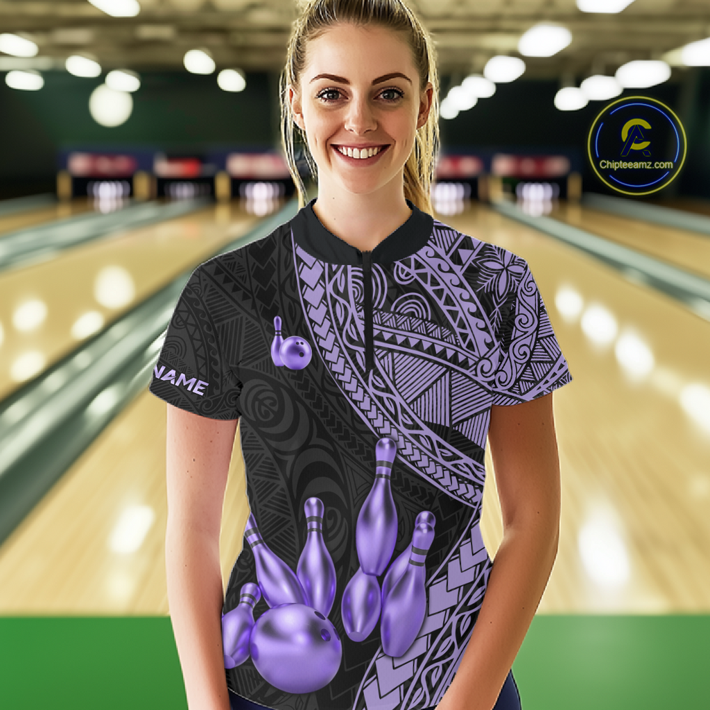 Black and Purple Tribal Pattern Bowling Jersey Bowling Uniform Bowling Team Shirts