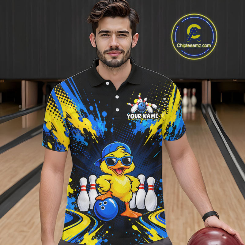 Custom Blue And Yellow Funny Duck Bowling Team Shirts Bowling Tournament for Bowler