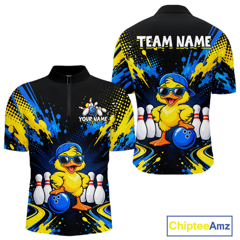 Custom Blue And Yellow Funny Duck Bowling Team Shirts Bowling Tournament for Bowler