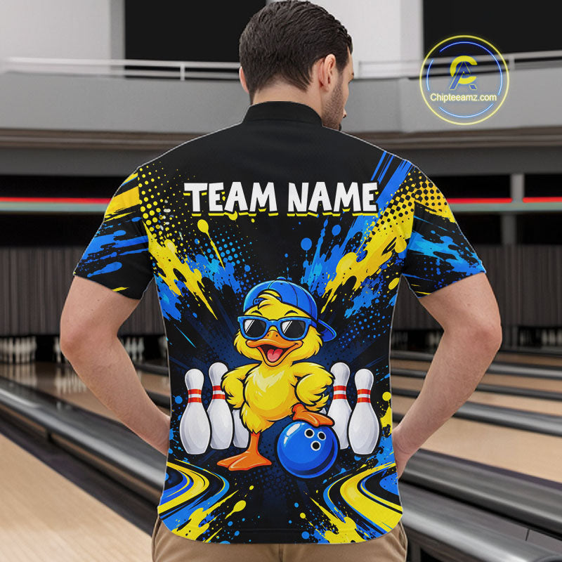 Custom Blue And Yellow Funny Duck Bowling Team Shirts Bowling Tournament for Bowler