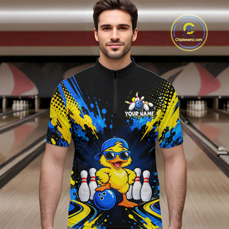 Custom Blue And Yellow Funny Duck Bowling Team Shirts Bowling Tournament for Bowler