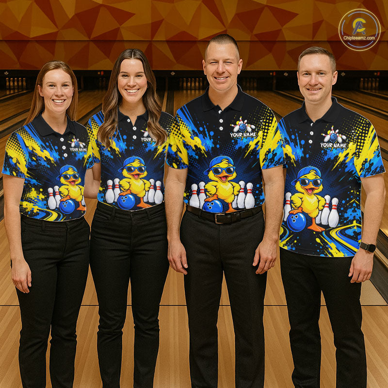 Custom Blue And Yellow Funny Duck Bowling Team Shirts Bowling Tournament for Bowler