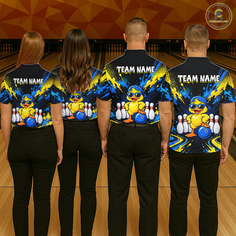 Custom Blue And Yellow Funny Duck Bowling Team Shirts Bowling Tournament for Bowler