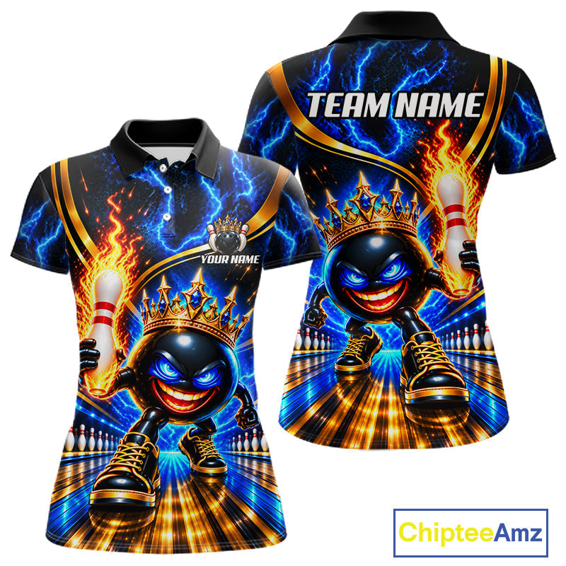 Custom Flame Funny Crown Ball Bowling Team Shirts Bowling League Polo & 1/4 Zip
