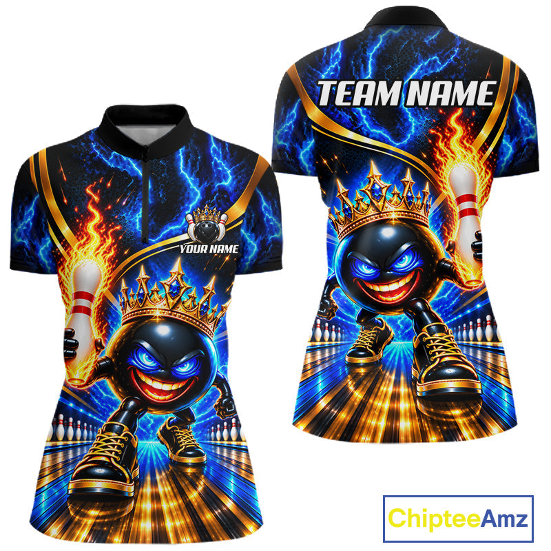 Custom Flame Funny Crown Ball Bowling Team Shirts Bowling League Polo & 1/4 Zip