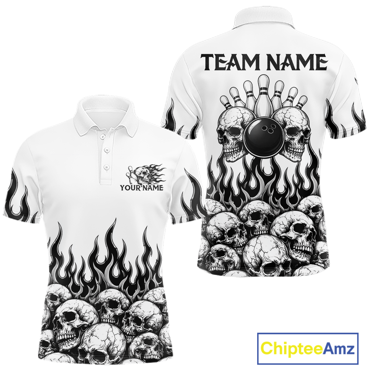 Custom Skull Flame Bowling Jersey Bowling Team Shirts Bowling League Polo & 1/4 Zip