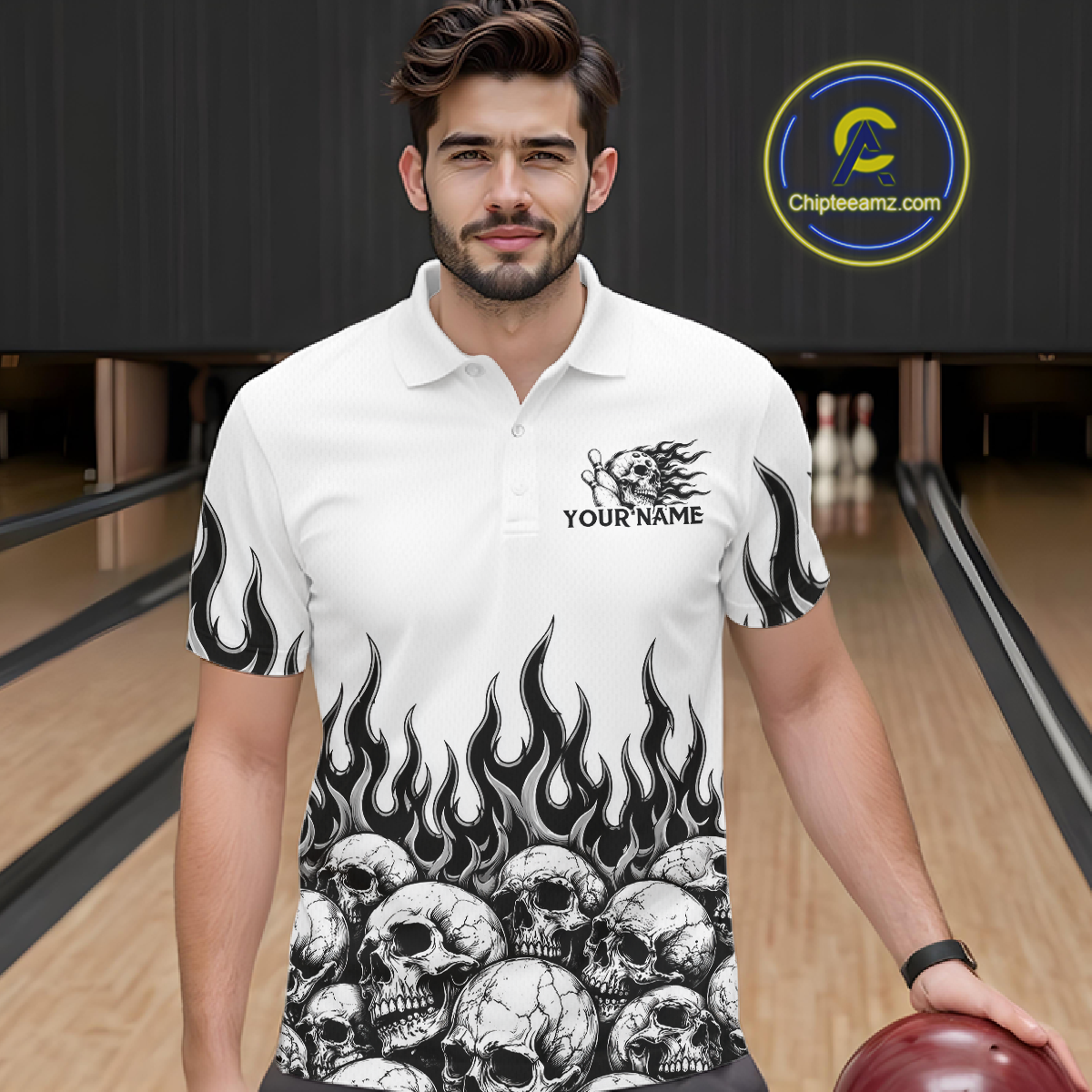 Custom Skull Flame Bowling Jersey Bowling Team Shirts Bowling League Polo & 1/4 Zip