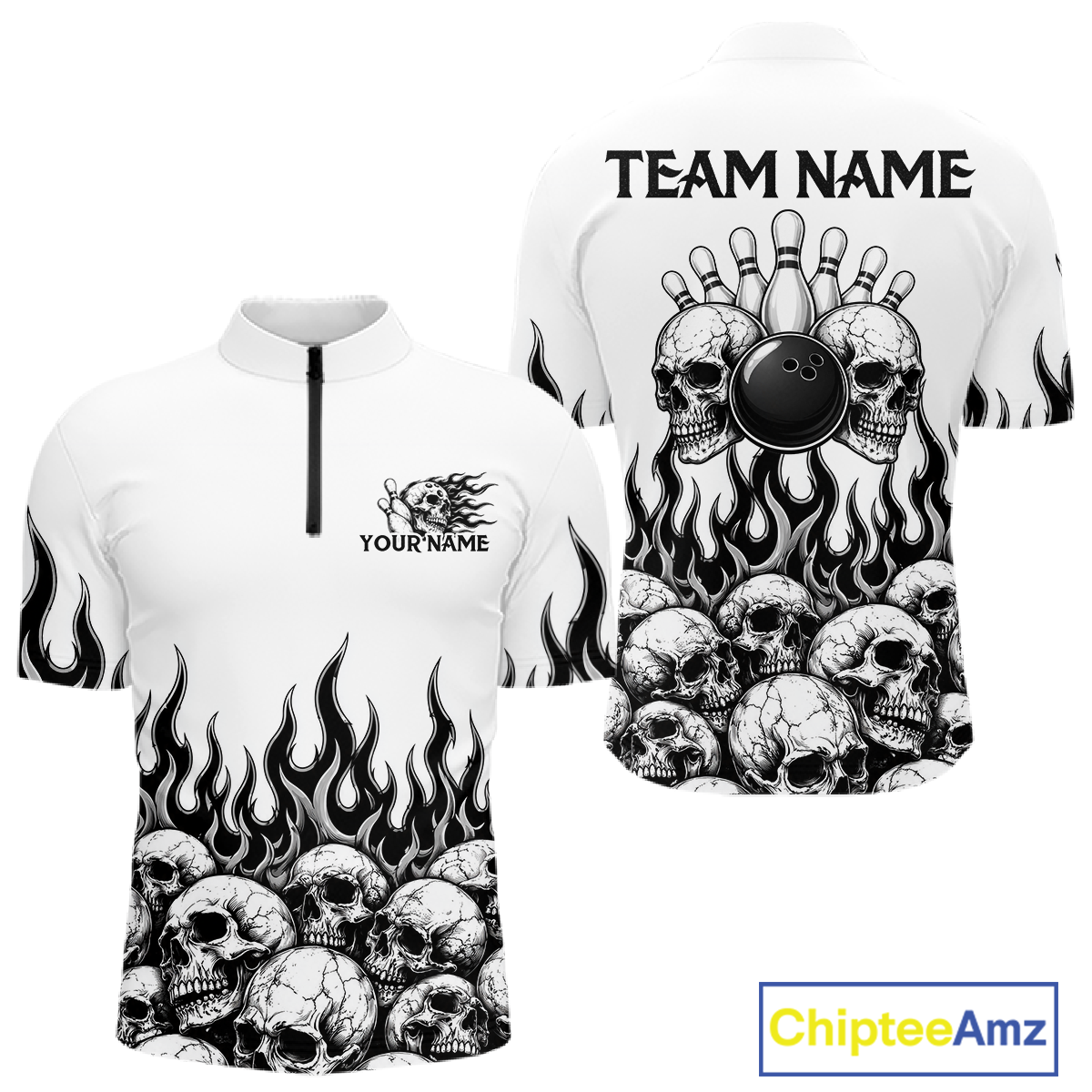 Custom Skull Flame Bowling Jersey Bowling Team Shirts Bowling League Polo & 1/4 Zip