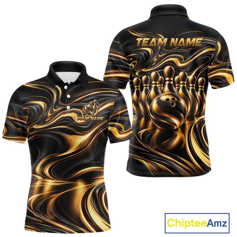 Custom Black Gold Wave Bowling Shirts, Bowling Team Jersey Bowling Tournament