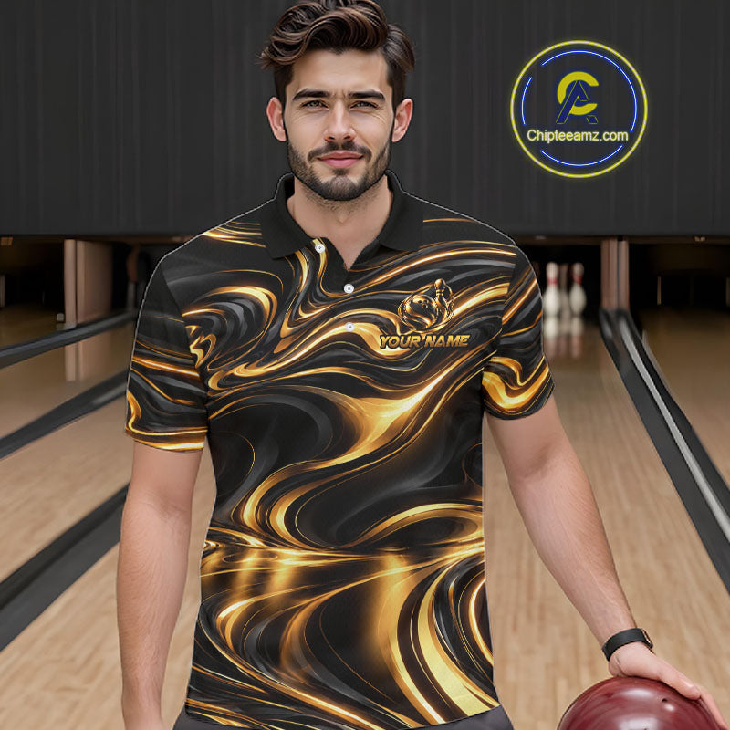 Custom Black Gold Wave Bowling Shirts, Bowling Team Jersey Bowling Tournament