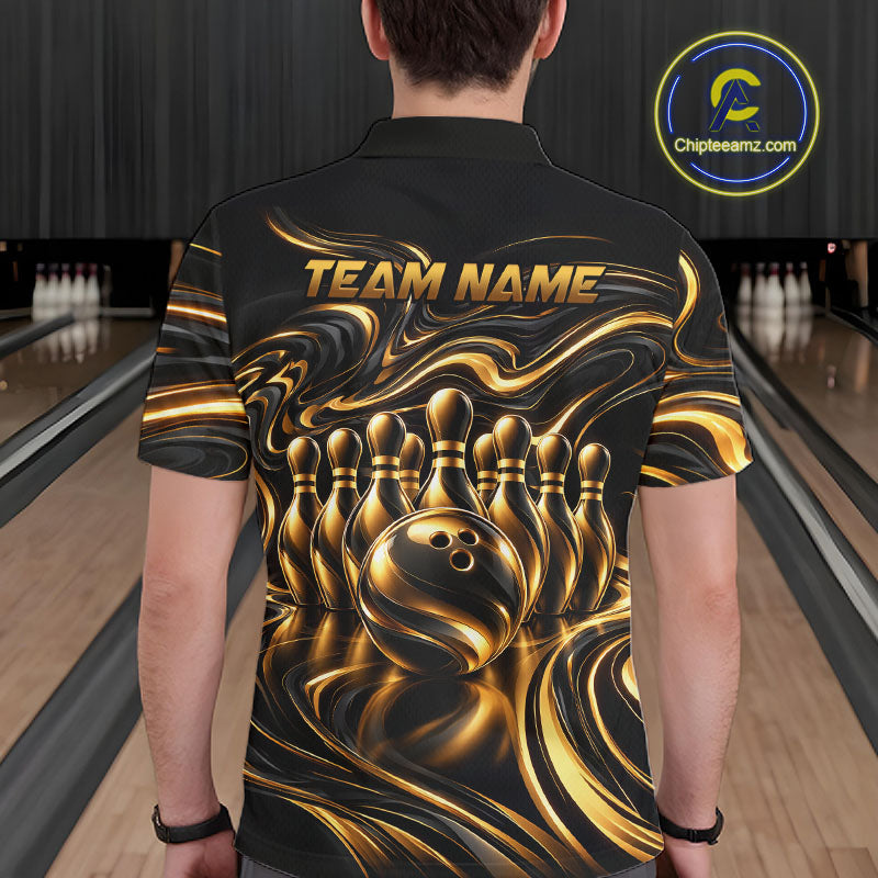 Custom Black Gold Wave Bowling Shirts, Bowling Team Jersey Bowling Tournament
