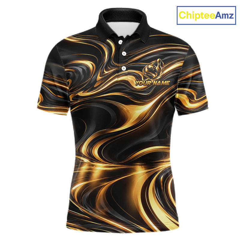 Custom Black Gold Wave Bowling Shirts, Bowling Team Jersey Bowling Tournament
