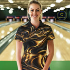 Custom Black Gold Wave Bowling Shirts, Bowling Team Jersey Bowling Tournament