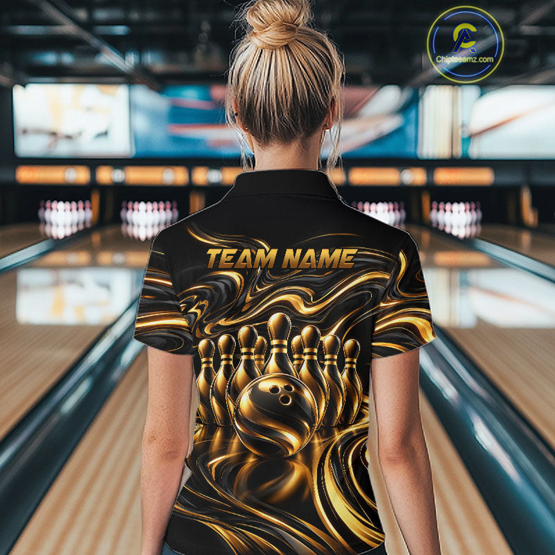 Custom Black Gold Wave Bowling Shirts, Bowling Team Jersey Bowling Tournament
