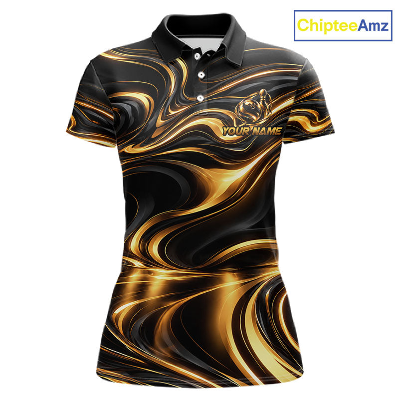 Custom Black Gold Wave Bowling Shirts, Bowling Team Jersey Bowling Tournament