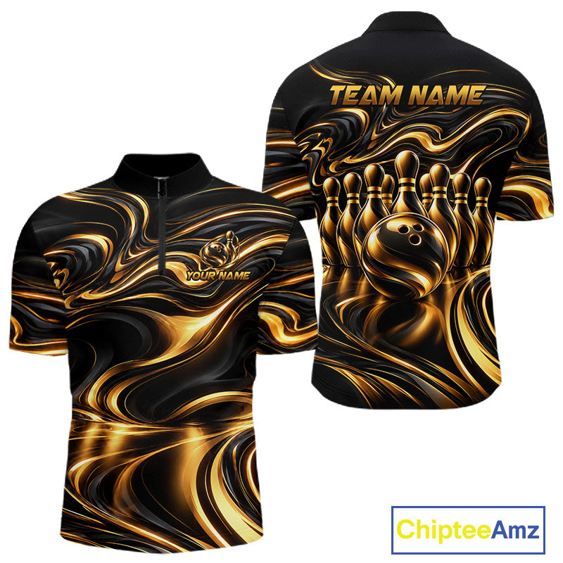 Custom Black Gold Wave Bowling Shirts, Bowling Team Jersey Bowling Tournament