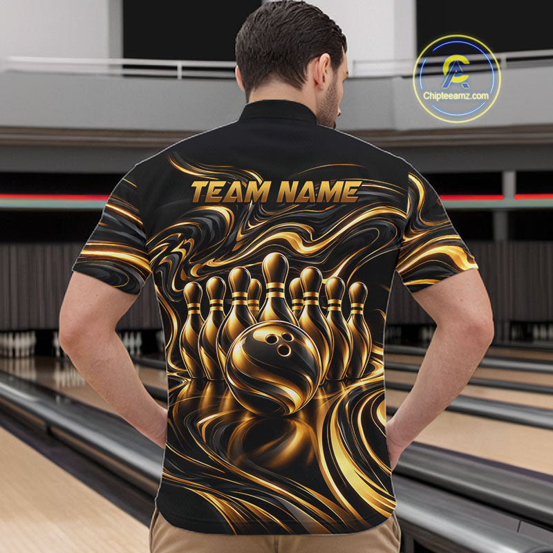 Custom Black Gold Wave Bowling Shirts, Bowling Team Jersey Bowling Tournament