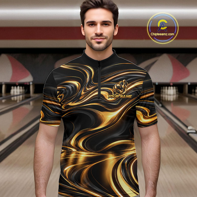 Custom Black Gold Wave Bowling Shirts, Bowling Team Jersey Bowling Tournament
