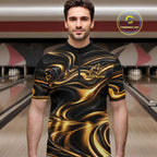 Custom Black Gold Wave Bowling Shirts, Bowling Team Jersey Bowling Tournament
