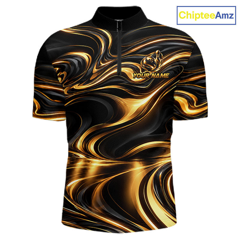 Custom Black Gold Wave Bowling Shirts, Bowling Team Jersey Bowling Tournament