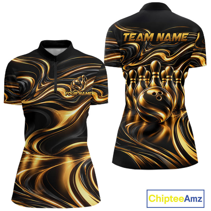 Custom Black Gold Wave Bowling Shirts, Bowling Team Jersey Bowling Tournament