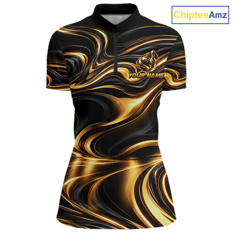 Custom Black Gold Wave Bowling Shirts, Bowling Team Jersey Bowling Tournament