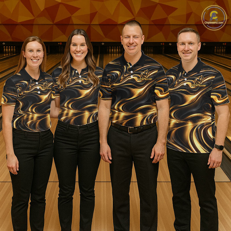 Custom Black Gold Wave Bowling Shirts, Bowling Team Jersey Bowling Tournament