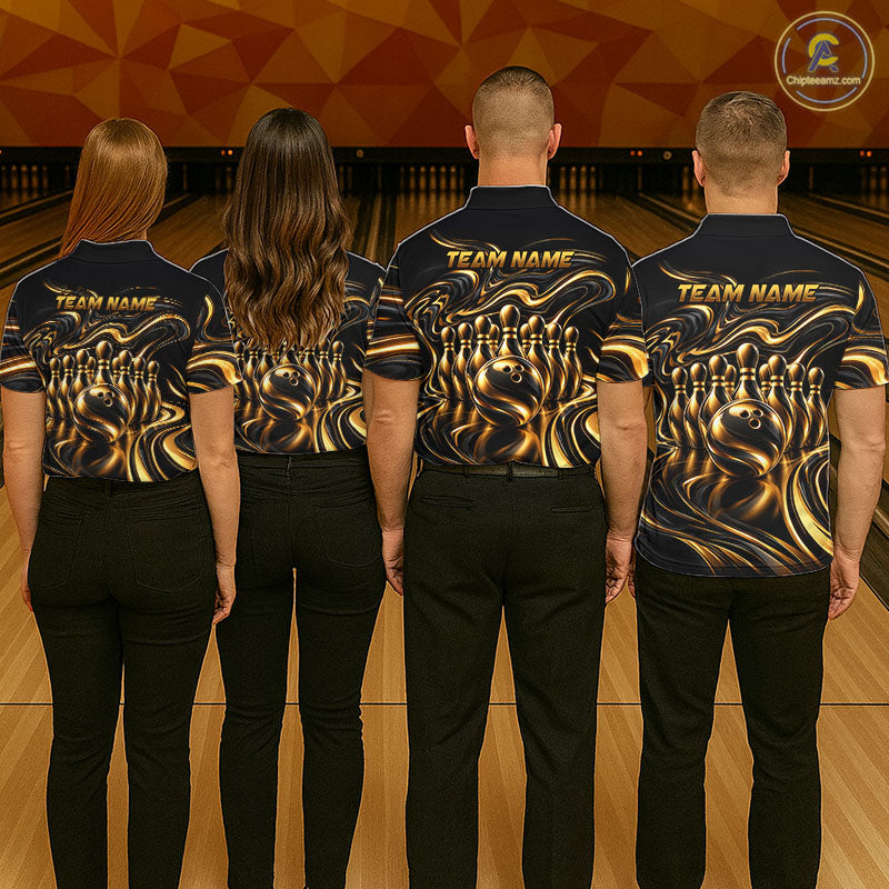 Custom Black Gold Wave Bowling Shirts, Bowling Team Jersey Bowling Tournament