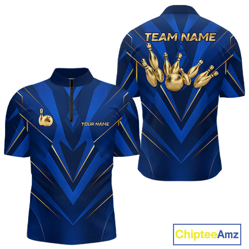 Blue and Gold Bowling Jersey Custom Bowling Team Shirts Bowling League Polo & 1/4 Zip