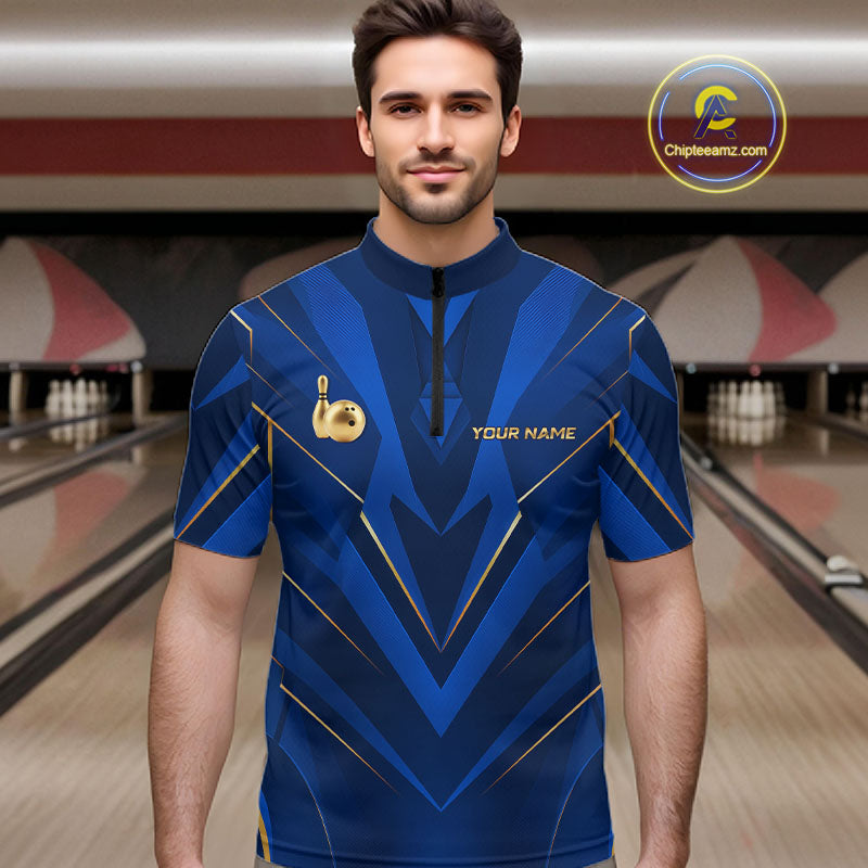 Blue and Gold Bowling Jersey Custom Bowling Team Shirts Bowling League Polo & 1/4 Zip