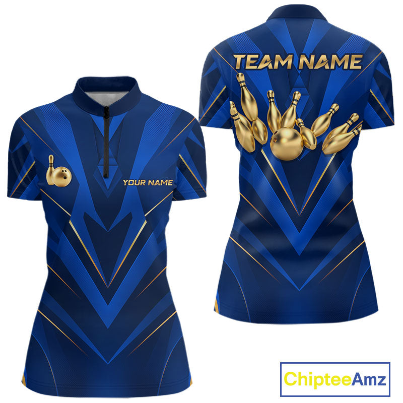 Blue and Gold Bowling Jersey Custom Bowling Team Shirts Bowling League Polo & 1/4 Zip