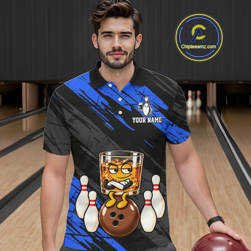 Custom Blue Funny Whiskey Bowling Jersey Bowling Team Shirts Bowling Polo & 1/4 Zip