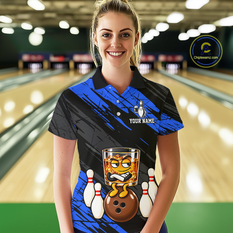Custom Blue Funny Whiskey Bowling Jersey Bowling Team Shirts Bowling Polo & 1/4 Zip