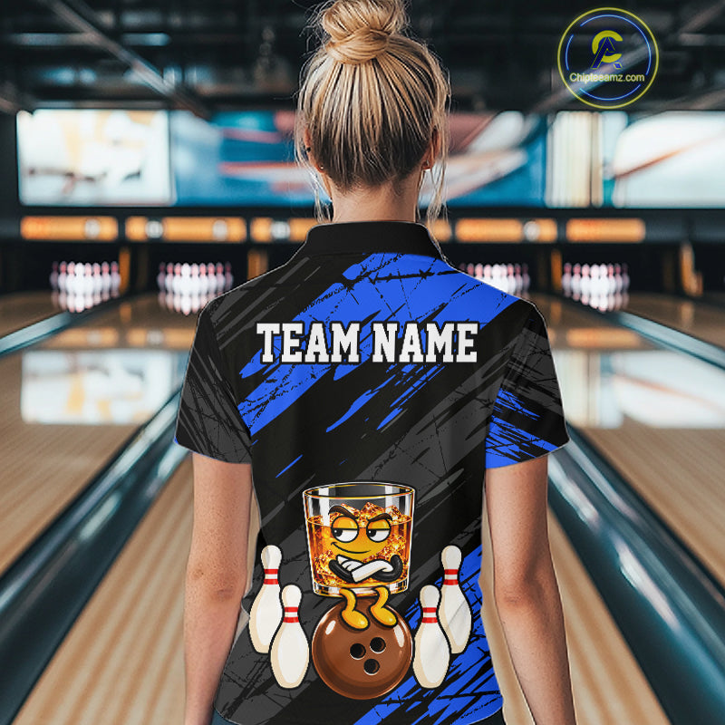 Custom Blue Funny Whiskey Bowling Jersey Bowling Team Shirts Bowling Polo & 1/4 Zip