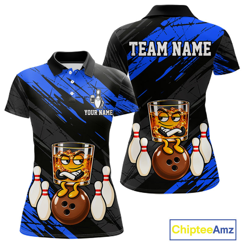 Custom Blue Funny Whiskey Bowling Jersey Bowling Team Shirts Bowling Polo & 1/4 Zip