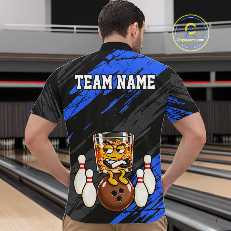 Custom Blue Funny Whiskey Bowling Jersey Bowling Team Shirts Bowling Polo & 1/4 Zip