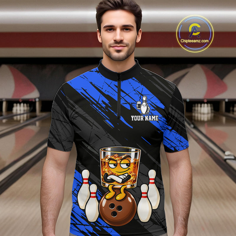 Custom Blue Funny Whiskey Bowling Jersey Bowling Team Shirts Bowling Polo & 1/4 Zip