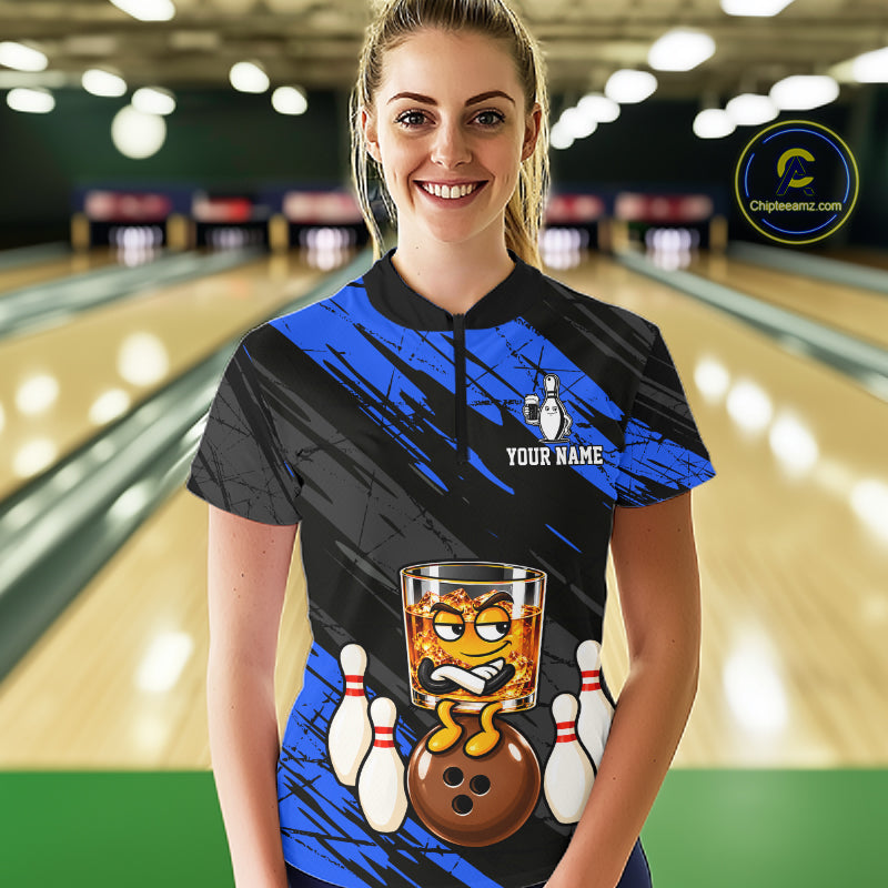 Custom Blue Funny Whiskey Bowling Jersey Bowling Team Shirts Bowling Polo & 1/4 Zip
