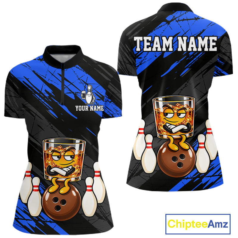 Custom Blue Funny Whiskey Bowling Jersey Bowling Team Shirts Bowling Polo & 1/4 Zip