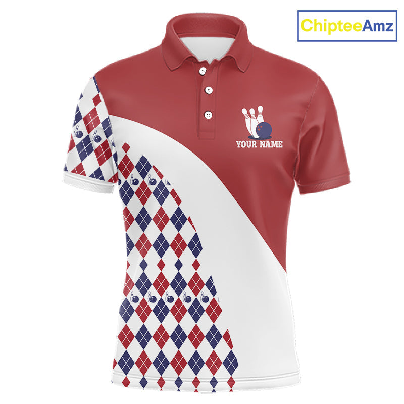 Custom Red White Argyle Pattern Bowling Jersey Bowling Team Shirts Polo & 1/4 Zip