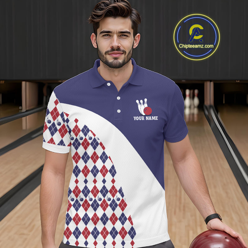 Custom Blue Red Argyle Pattern Bowling Jersey Bowling Team Shirts Polo & 1/4 Zip