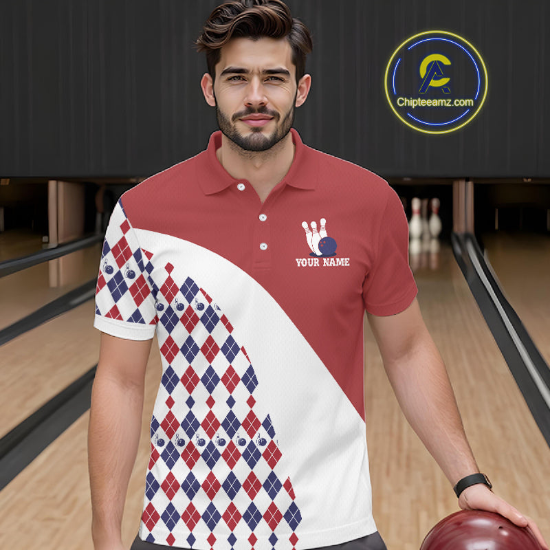 Custom Red White Argyle Pattern Bowling Jersey Bowling Team Shirts Polo & 1/4 Zip
