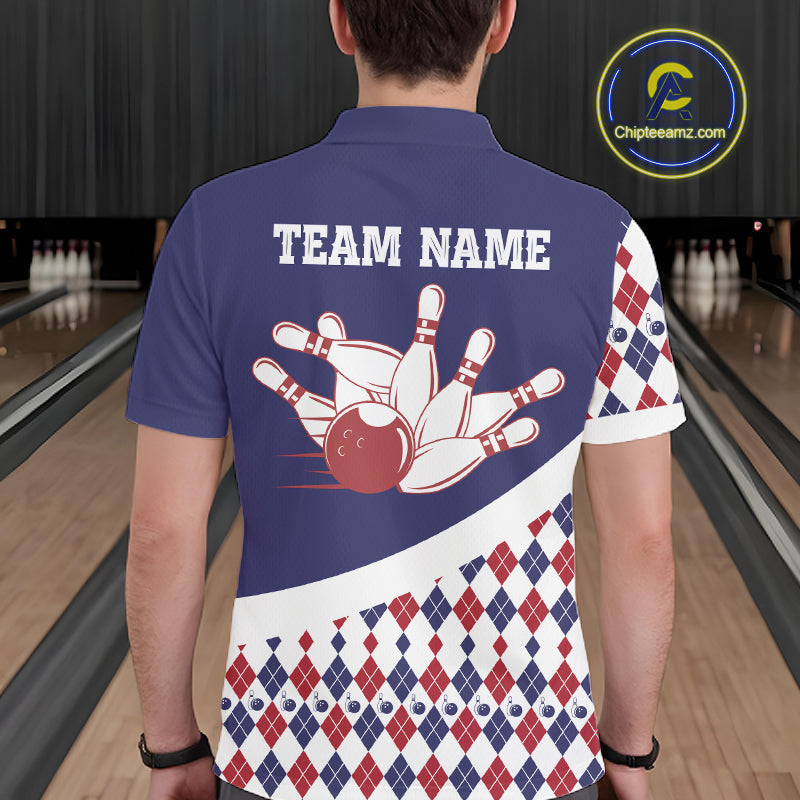 Custom Blue Red Argyle Pattern Bowling Jersey Bowling Team Shirts Polo & 1/4 Zip