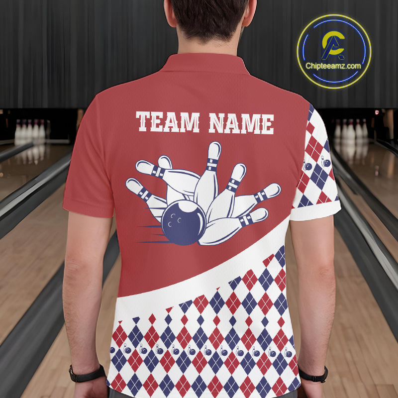 Custom Red White Argyle Pattern Bowling Jersey Bowling Team Shirts Polo & 1/4 Zip