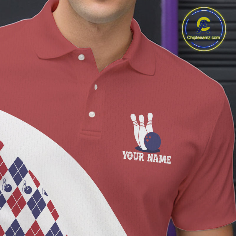 Custom Red White Argyle Pattern Bowling Jersey Bowling Team Shirts Polo & 1/4 Zip