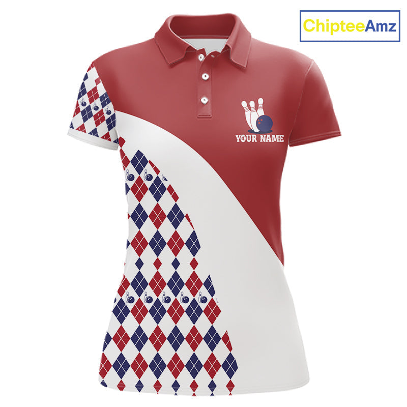 Custom Red White Argyle Pattern Bowling Jersey Bowling Team Shirts Polo & 1/4 Zip