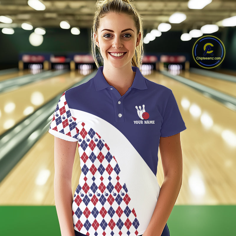 Custom Blue Red Argyle Pattern Bowling Jersey Bowling Team Shirts Polo & 1/4 Zip