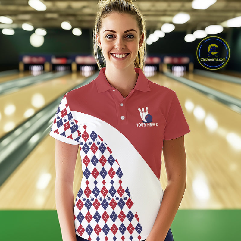 Custom Red White Argyle Pattern Bowling Jersey Bowling Team Shirts Polo & 1/4 Zip
