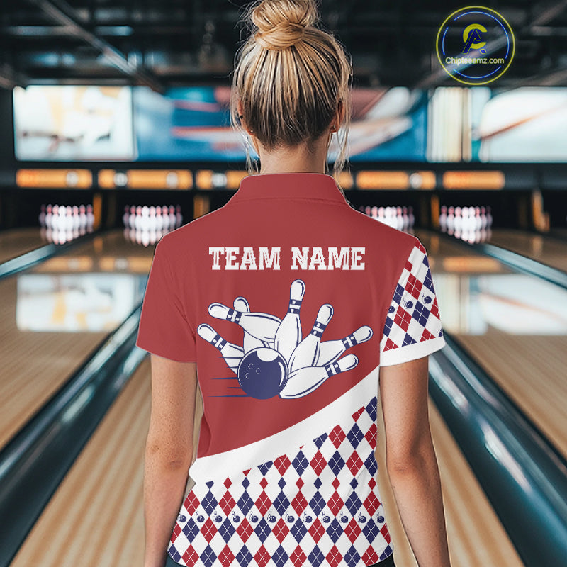 Custom Red White Argyle Pattern Bowling Jersey Bowling Team Shirts Polo & 1/4 Zip