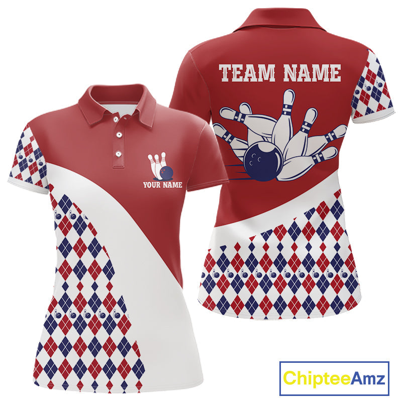 Custom Red White Argyle Pattern Bowling Jersey Bowling Team Shirts Polo & 1/4 Zip